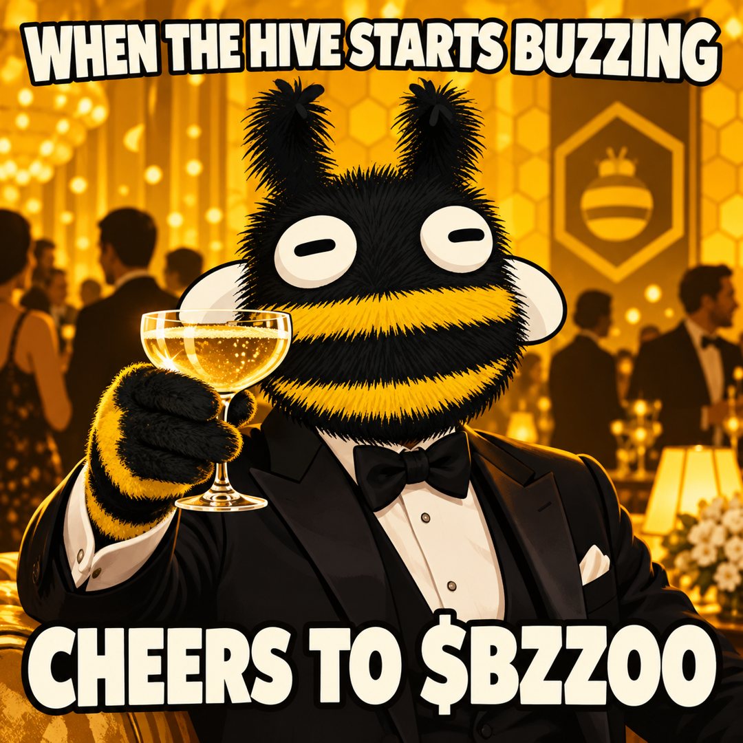 BZZOO in a tuxedo raising a glass. When the hive starts buzzing, cheers to $BZZOO.